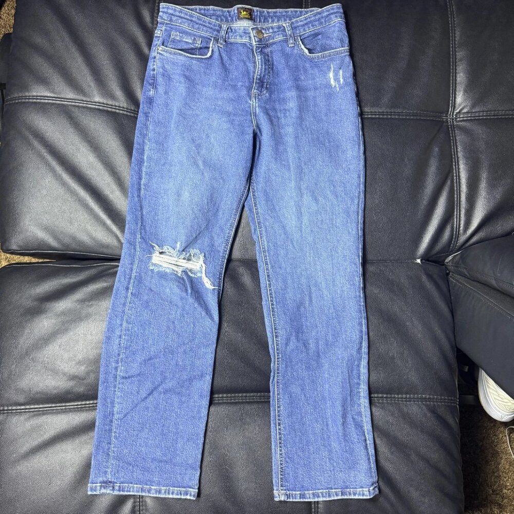 Lee Men's Straight Jeans Blue Denim‎ Distressed 5-Pocket Design Medium Wash